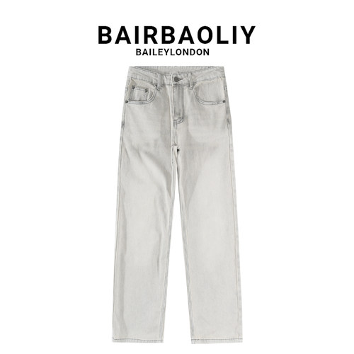 BAIRBAOLIY男士灰色直筒复古水洗重工刺绣椰树潮流百搭休闲牛仔裤
