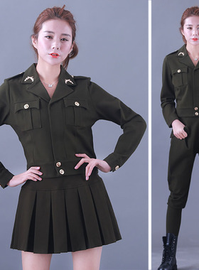 春款水兵舞服装军绿色短款外套西服上衣女复古军绿列宁服演出服