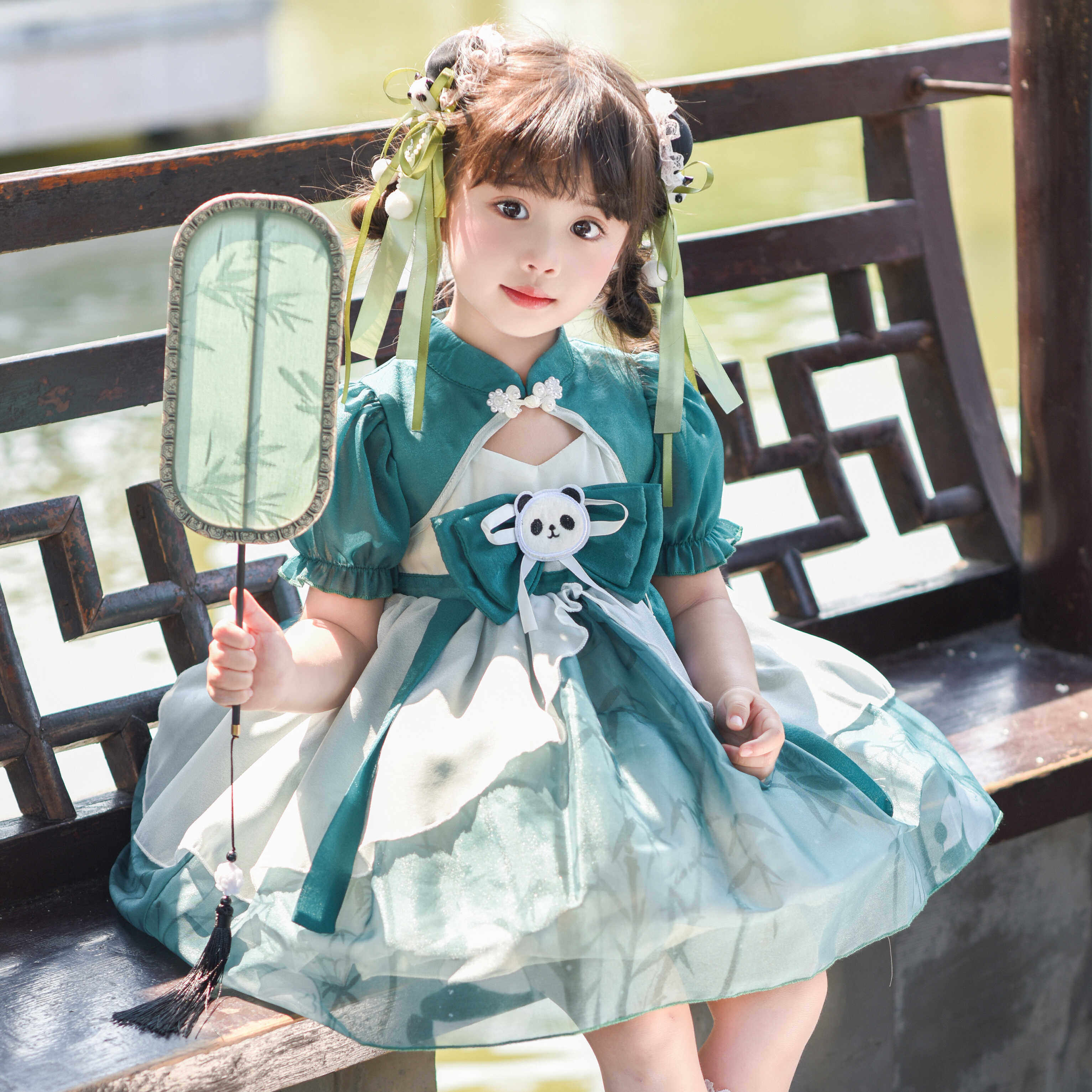 2024熊猫汉服女童夏季短袖连衣裙儿童古风洋气洛丽塔公主蓬蓬裙子