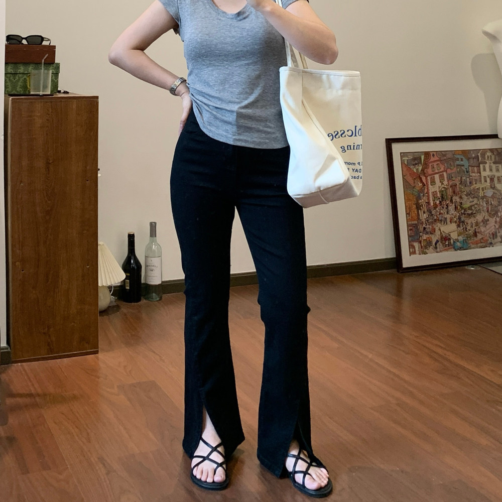 Omang桃喜 前开叉微喇牛仔裤女春高腰弹力修身显瘦分叉喇叭拖地裤,女装/女士精品,牛仔裤,淘宝优惠券,粉丝福利购,淘宝优惠卷