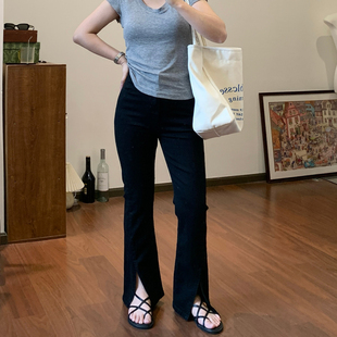 Omang桃喜 前开叉微喇牛仔裤女春高腰弹力修身显瘦分叉喇叭拖地裤