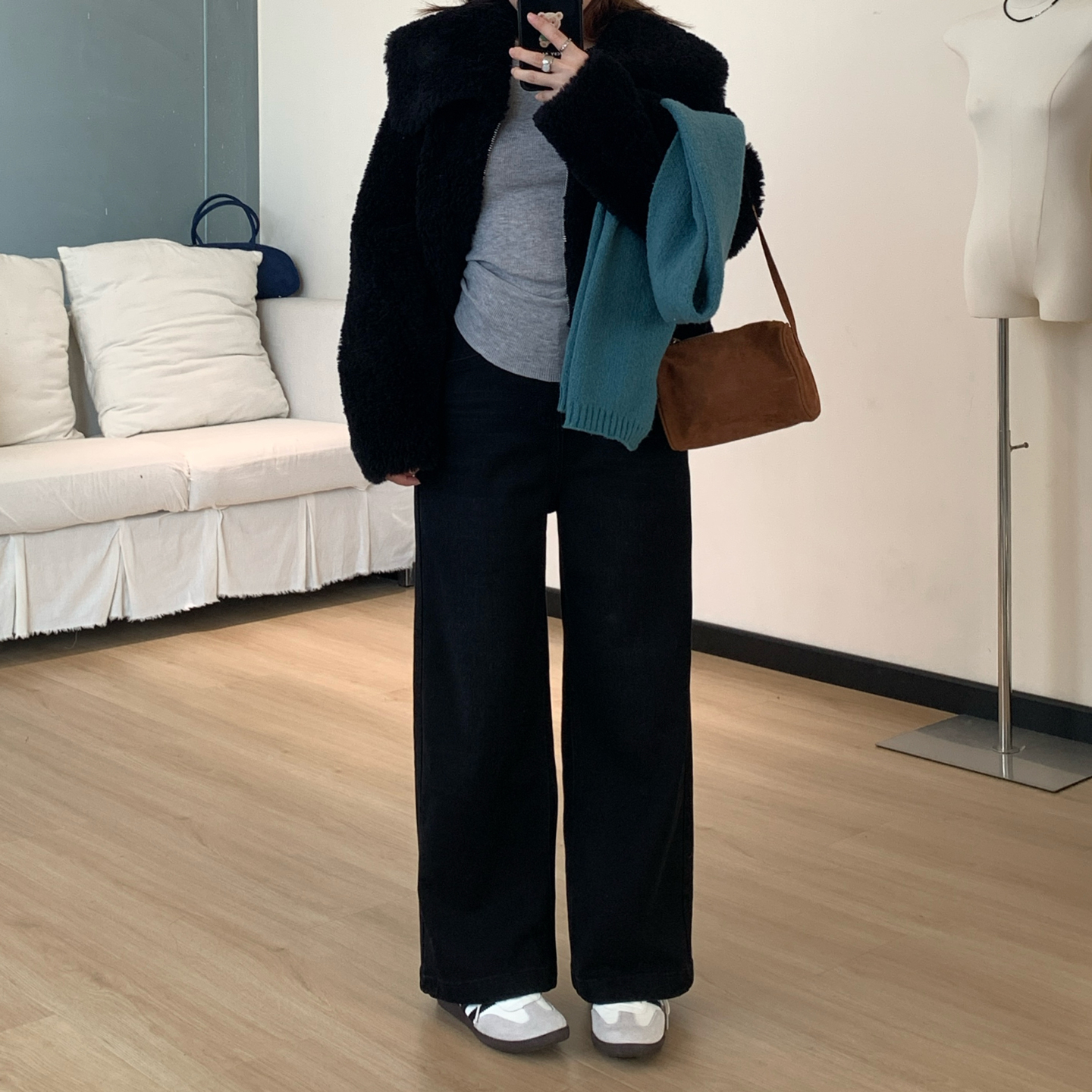 Omang桃喜 小个子弹力小直筒牛仔裤女秋季高腰显瘦黑色九分烟管裤