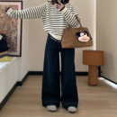 女冬设计感宽松显瘦厚绒长裤 Omang桃喜 小个子加绒保暖直筒牛仔裤