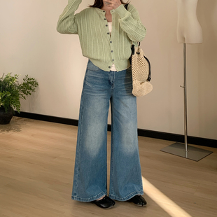 Omang桃喜 小个子微弹力直筒牛仔裤女春季高腰宽松百搭设计感长裤