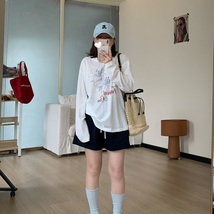 Omang桃喜 圆领印花微透防晒长袖罩衫女夏季宽松慵懒风薄款上衣