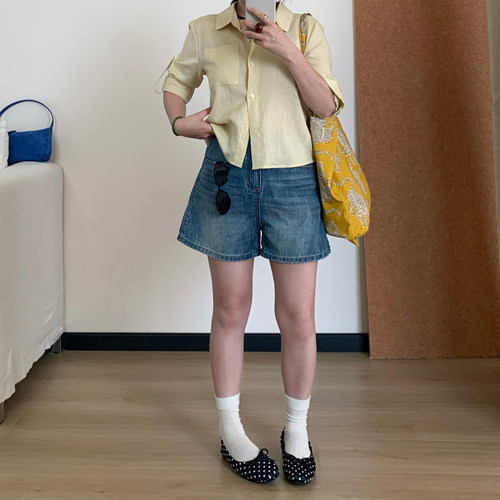 Omang桃喜竹节纹a字阔腿显瘦牛仔短裤女夏季小个子显高显瘦三分裤