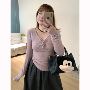 韩系甜美弹力修身 上衣女春季 正肩T恤 扭结设计感长袖 Omang桃喜