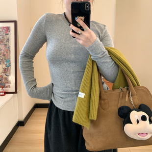 Omang桃喜 高级感弹力长袖T恤女春秋韩系修身打底内搭圆领上衣