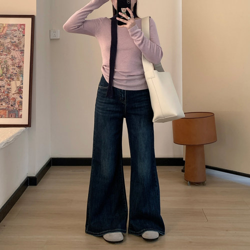 Omang桃喜 深色不贴腿喇叭牛仔裤女秋冬加绒高腰显瘦弹力微喇裤