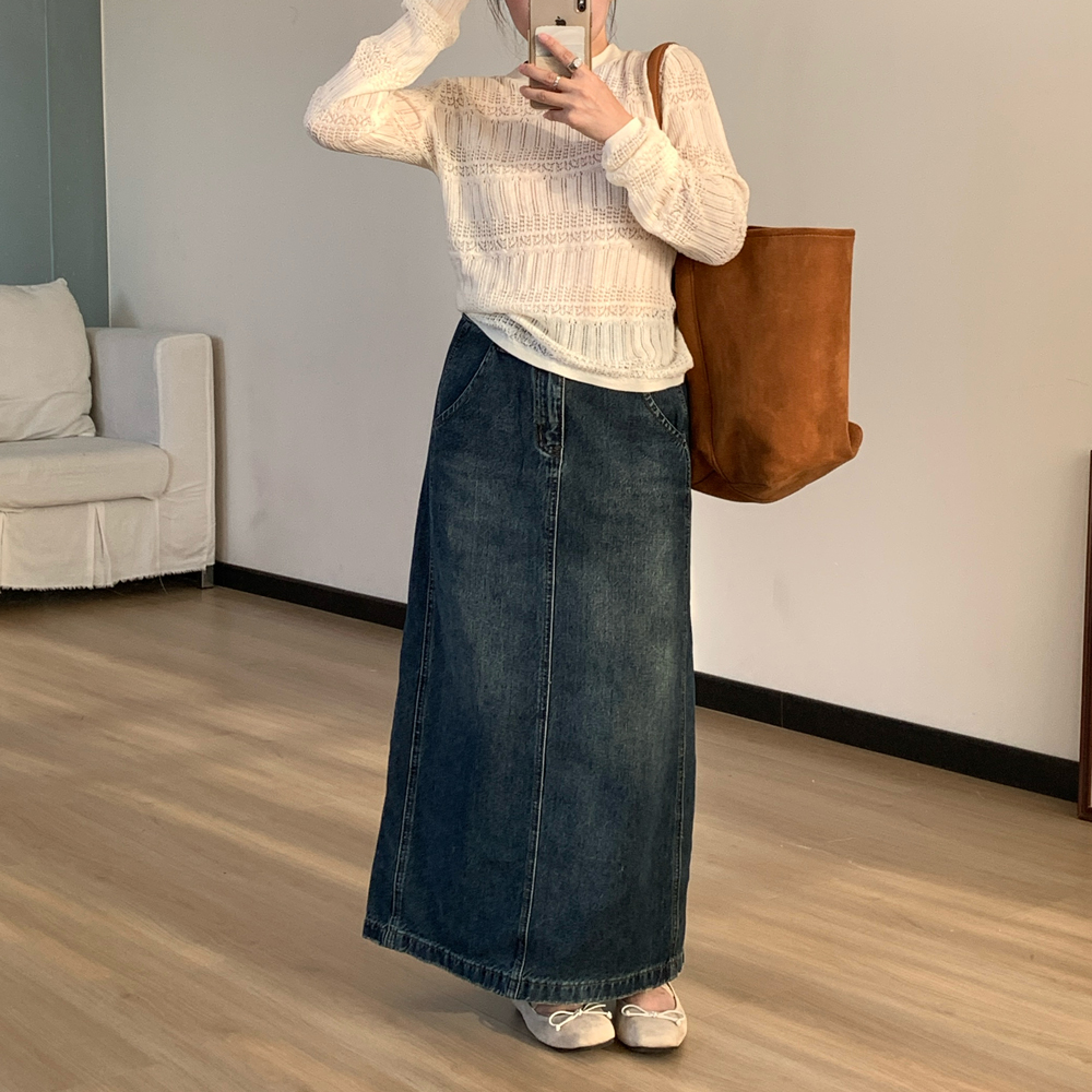 Omang桃喜 中长款后开叉深蓝色牛仔半身裙女早秋高腰直筒开衩长裙