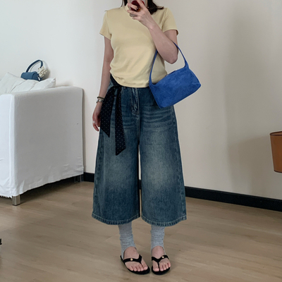 Omang桃喜 美式复古阔腿七分牛仔裤女夏高街鬼马穿搭小个子八分裤