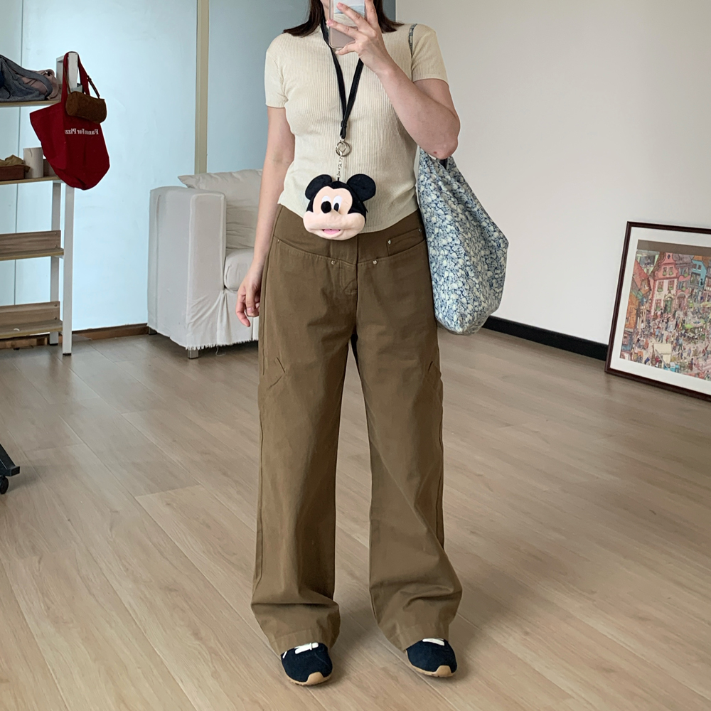 Omang桃喜 美式复古咖棕色直筒工装裤女夏季高腰小众设计感休闲裤