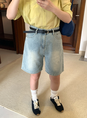 Omang桃喜 韩系浅蓝色五分牛仔中裤女夏季高腰宽松显瘦松驰感短裤