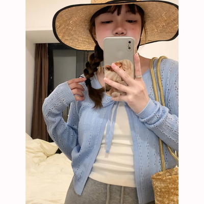 Omang桃喜薄款镂空冰丝针织开衫