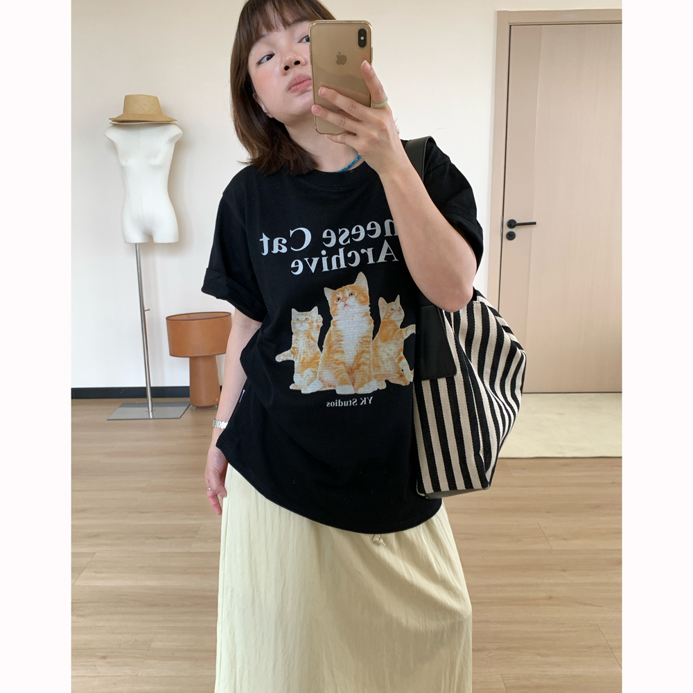 Omang桃喜 韩系小猫印花黑色短袖T恤女夏季宽松显瘦休闲半袖体恤