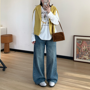 新款 Omang桃喜 小個子復古直筒牛仔褲 女秋季 高腰百搭藍色拖地長褲