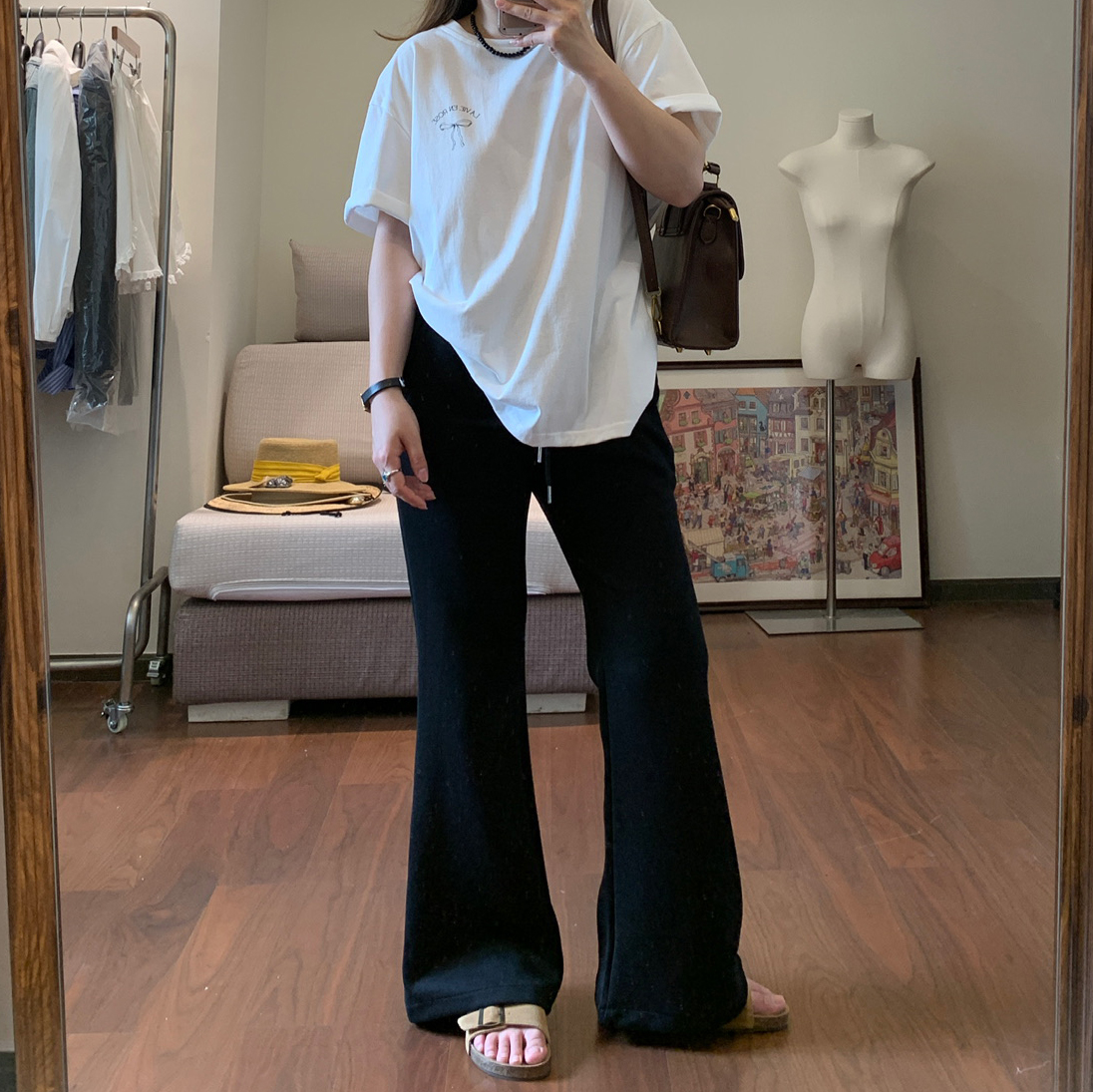 Omang桃喜 松紧腰微喇卫裤女秋冬加绒修身显瘦休闲运动拖地喇叭裤