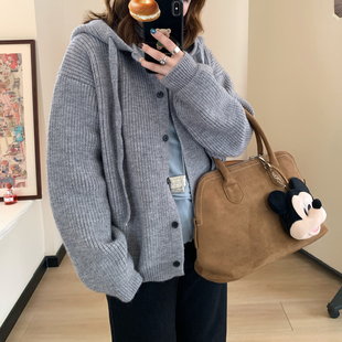 Omang桃喜 韩系连帽毛衣开衫外套女秋冬宽松百搭休闲慵懒针织帽衫