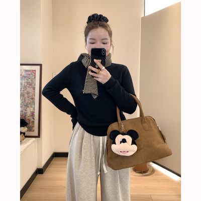 Omang桃喜 黑色半高领加绒针织打底衫女冬季修身百搭加厚内搭上衣