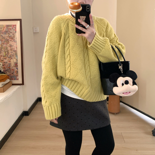 圆领麻花毛衣女秋冬氛围感宽松百搭套头线衫 Omang桃喜 韩系插肩袖