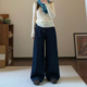 女春秋高腰直筒显瘦百搭拖地长裤 Omang桃喜 深蓝色宽松阔腿牛仔裤