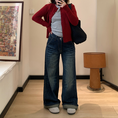 Omang桃喜 复古蓝低腰直筒牛仔裤女秋季新款设计感显瘦百搭长裤