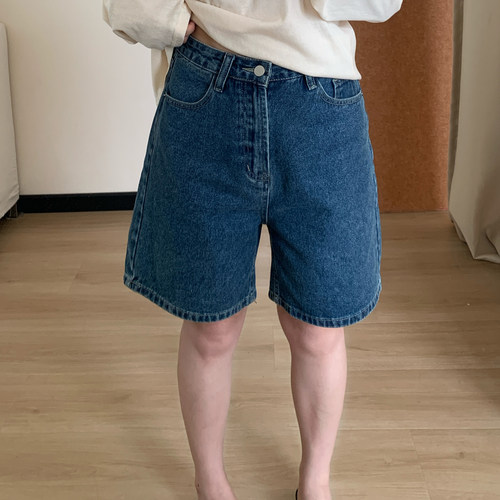 Omang桃喜 深蓝牛仔四分中裤女夏季高腰阔腿显瘦小个子五分短裤