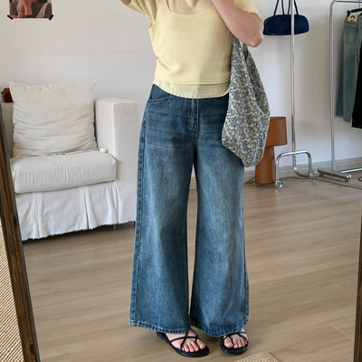 Omang桃喜 小个子复古蓝阔腿牛仔裤女春夏高腰显瘦蓝色宽松直筒裤