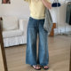女春夏高腰显瘦蓝色宽松直筒裤 Omang桃喜 小个子复古蓝阔腿牛仔裤