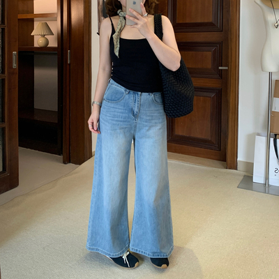 Omang桃喜 小个子浅蓝色阔腿牛仔裤女春夏韩系高腰垂感宽松直筒裤
