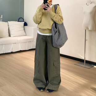 美式 酷girl设计感阔腿休闲长裤 军绿色弯刀工装 女秋季 裤 Omang桃喜