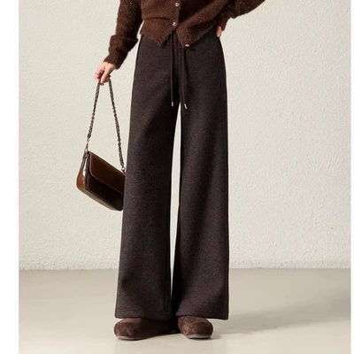 轻奢阔腿裤女士时尚高级感冬季松紧腰抽绳韩版宽松加绒保暖直筒裤