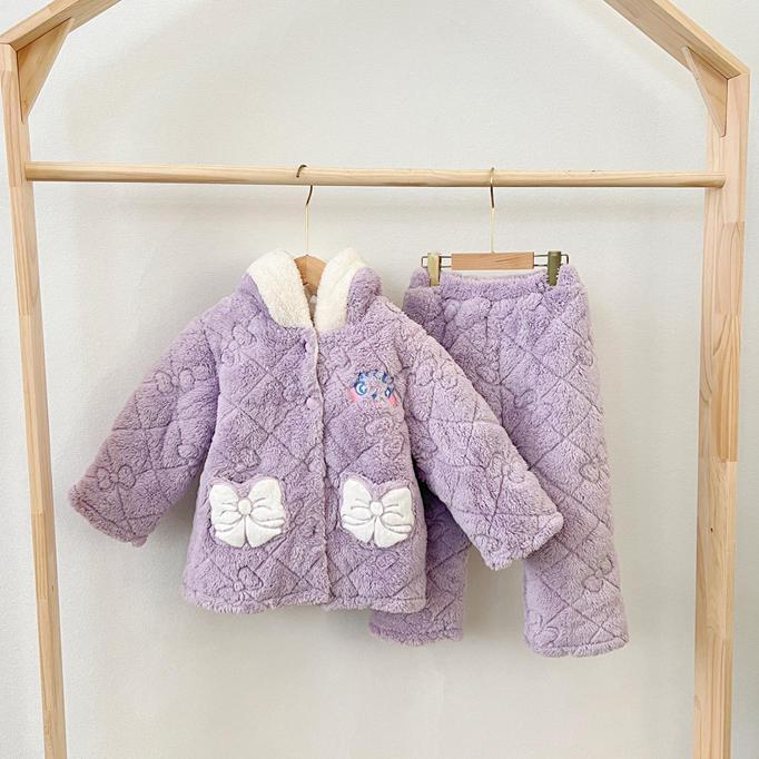 纯元女童冬季加厚款睡衣套装女宝宝珊瑚绒加绒保暖冬款家居服