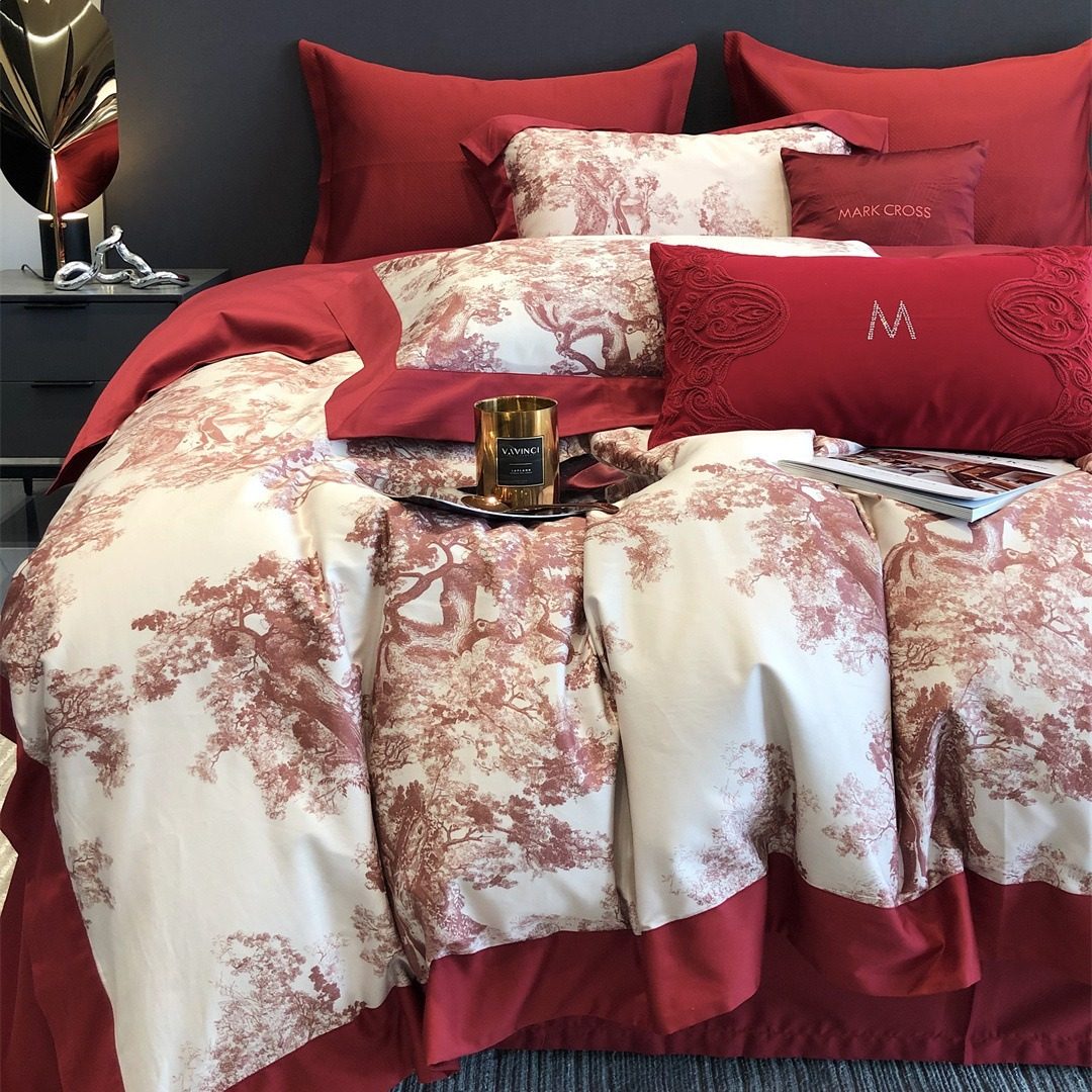 现代风婚庆大红纯棉长绒棉四件套高端床垫结婚喜庆床上用品家纺,床上用品,婚庆床品套件,淘宝优惠券,粉丝福利购,淘宝优惠卷