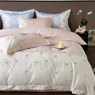 现代风樱花粉刺绣寝具超柔裸睡级床品高端纯棉长绒棉四件套家纺