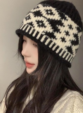 巨好看渔夫帽高级感复古格纹针织渔夫女冬季复古百搭保暖护耳毛线