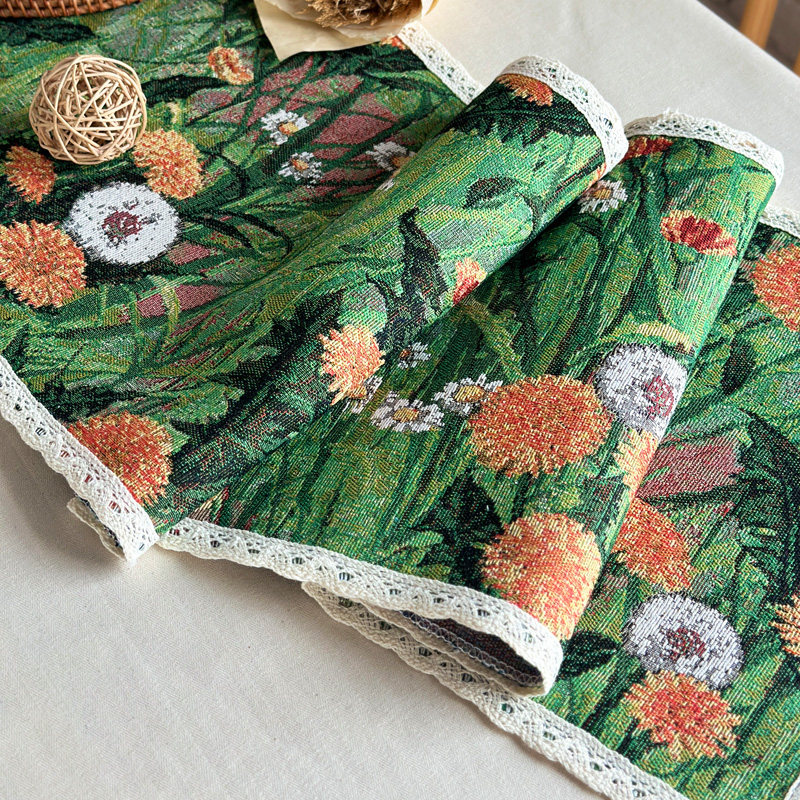 复古油画向日葵提花桌旗ins流苏餐桌茶几阳台民宿餐边柜电视柜桌