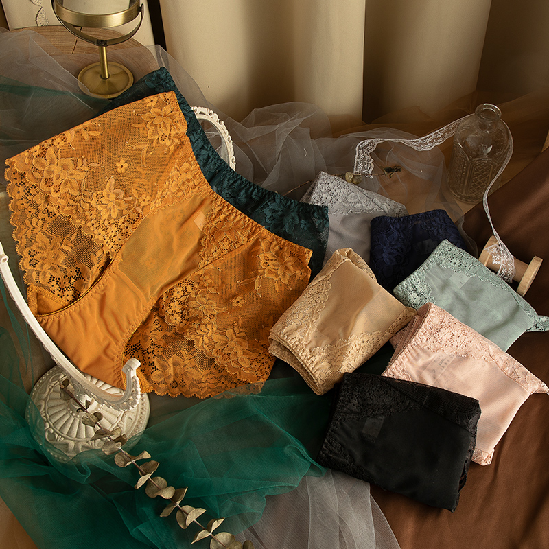 外贸单镂空高腰纯色三角裤收腹裤超薄蕾丝边女士透气内裤花纹提臀