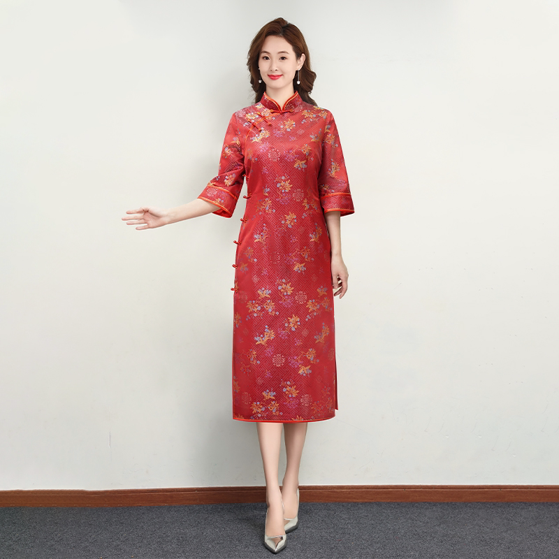 宋锦真丝旗袍红色连衣裙春季妈妈婚宴订婚礼服桑蚕丝喜婆婆婚宴装