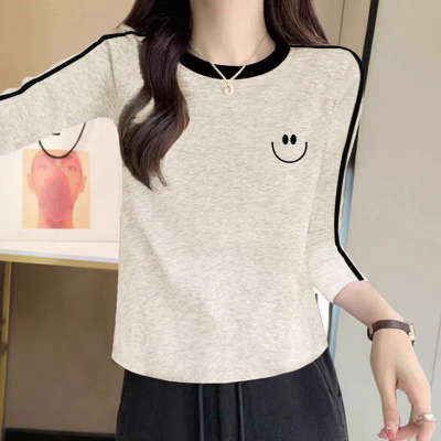 2025年冬季纯棉撞色条纹长袖t恤女士打底衫小个子米灰色撞色上衣