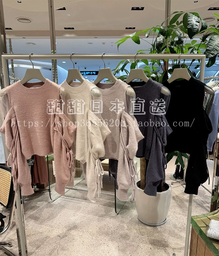日本代购SNIDEL秋冬新品薄纱拼接露肩系带针织衫毛衣女SWNT235194