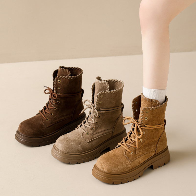 美拉德复古棕色厚底马丁靴女2025新款秋季英伦风系带显瘦加绒短靴