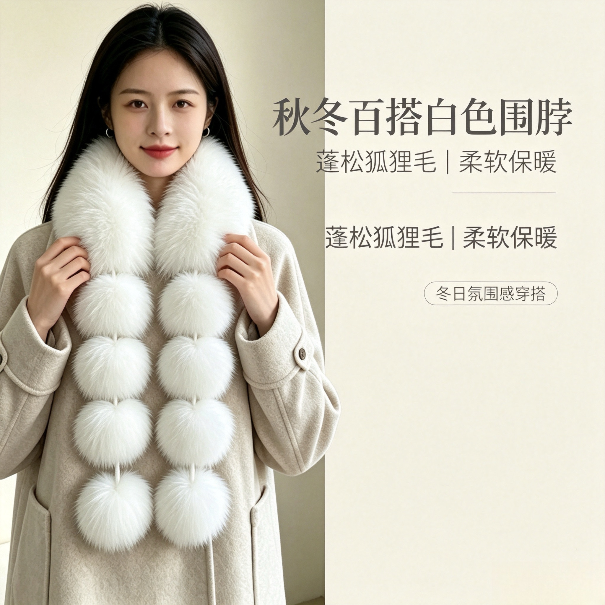 高级冬款保暖围巾皮草仿貂毛狐狸毛毛领丝带球百搭皮草真毛围脖