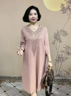 中年妈妈早春秋中长款冰丝连衣裙