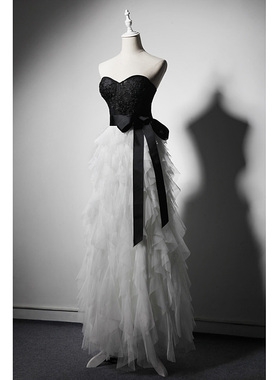 MISSQIAN 蕾丝钉珠黑白抹胸礼服舞会活动年会主持生日party装长裙