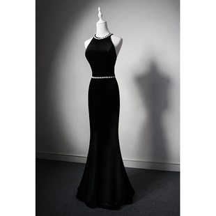 MISSQIAN钉钻双肩性感黑丝绒活动舞台年会生日表演艺考鱼尾晚礼服