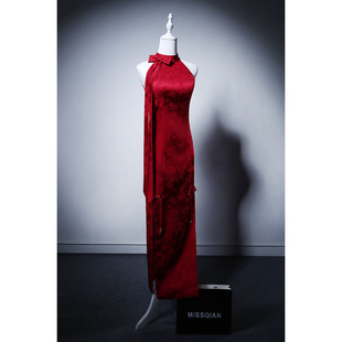 MISSQIAN 国风红色提花挂脖连衣裙敬酒服新娘订婚礼服女 新中式