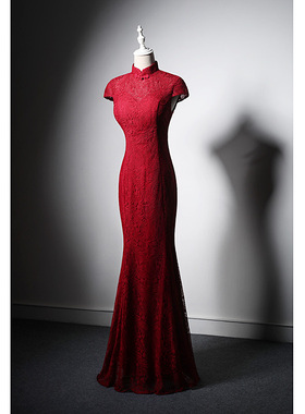 MISSQIAN 中式旗袍领短袖拉链酒红蕾丝鱼尾新娘结订婚回门敬酒服