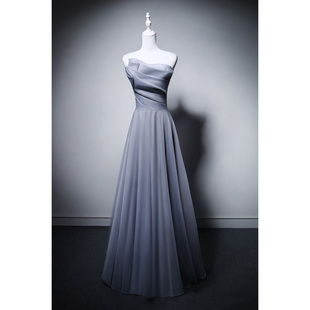 MISSQIAN 简约抹胸A摆浅灰蓝缎面生日活动表演旅拍晚礼服连衣裙女