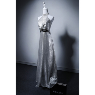MISSQIAN 复古简约挂脖银色亮片晚礼服年会表演主持成人礼九分裙